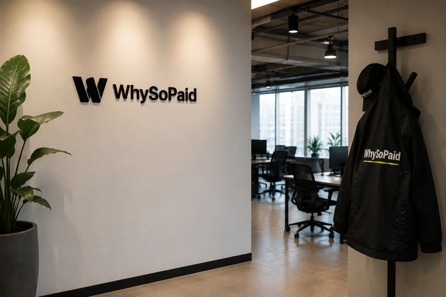 WhySoPaid brand wall, product jacket and working space