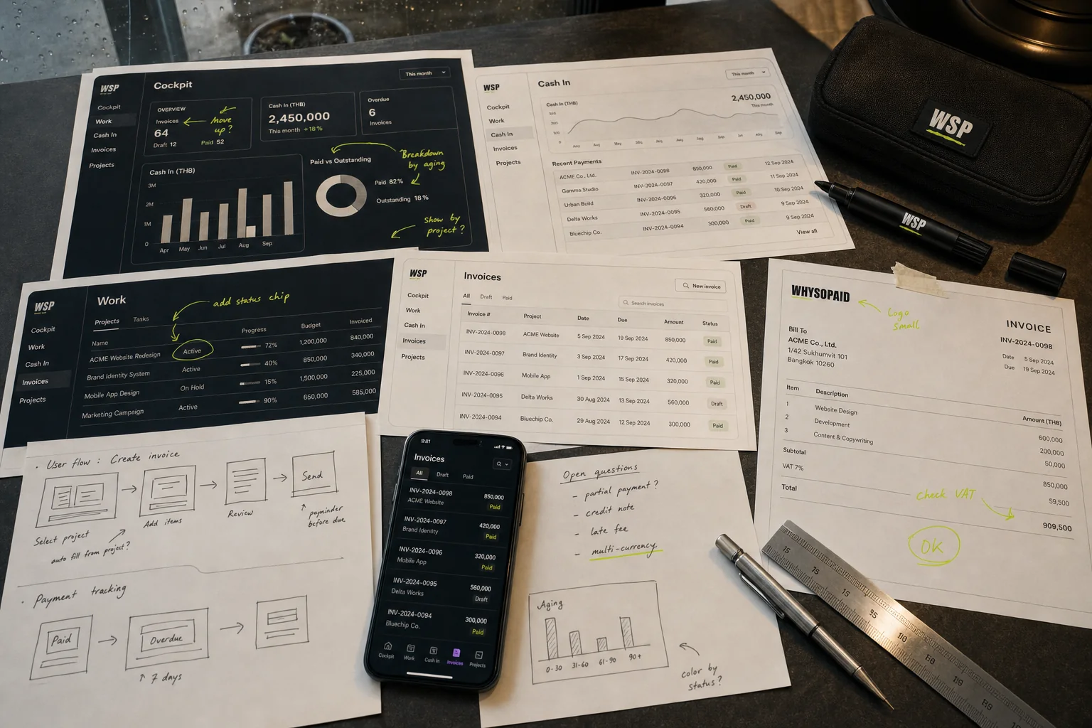 WhySoPaid product process with interface prints and invoice sketches