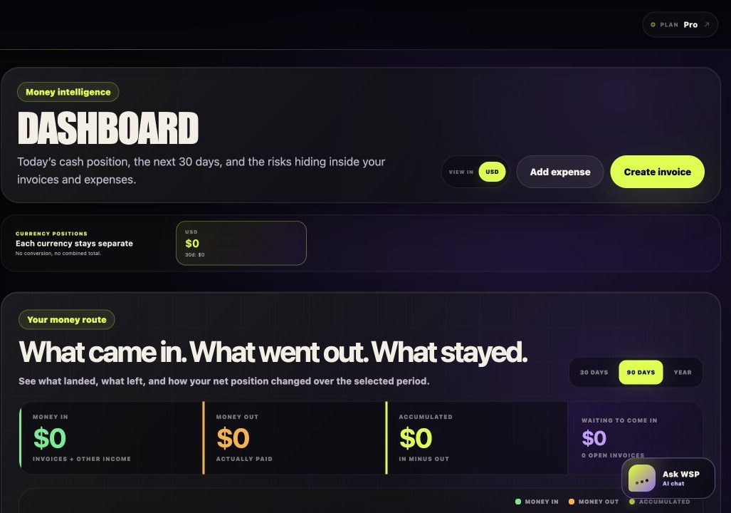 WhySoPaid dashboard showing money position and next actions